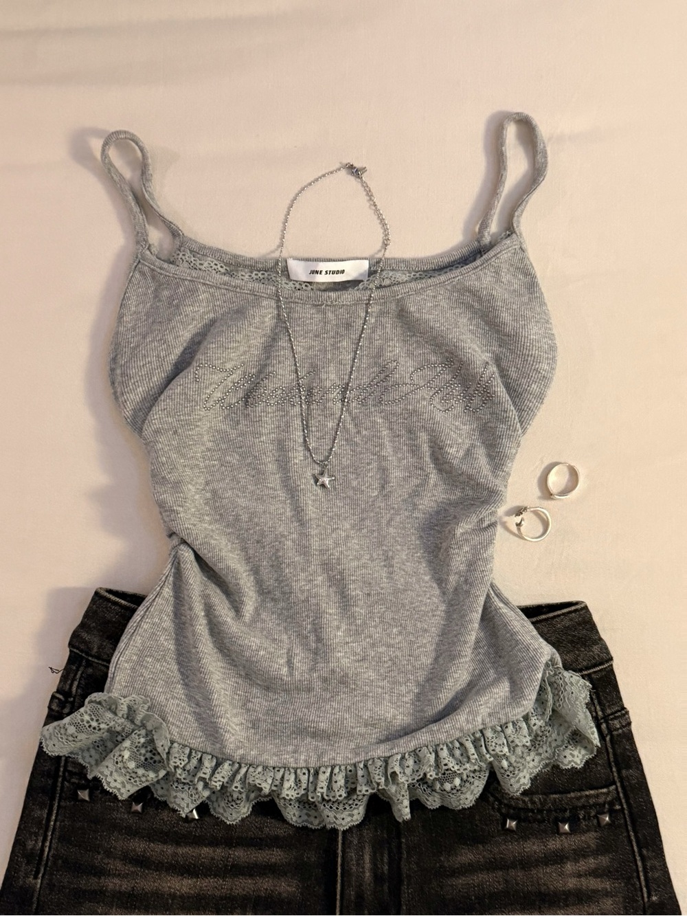 Gray tank top with sage-gray lace trim